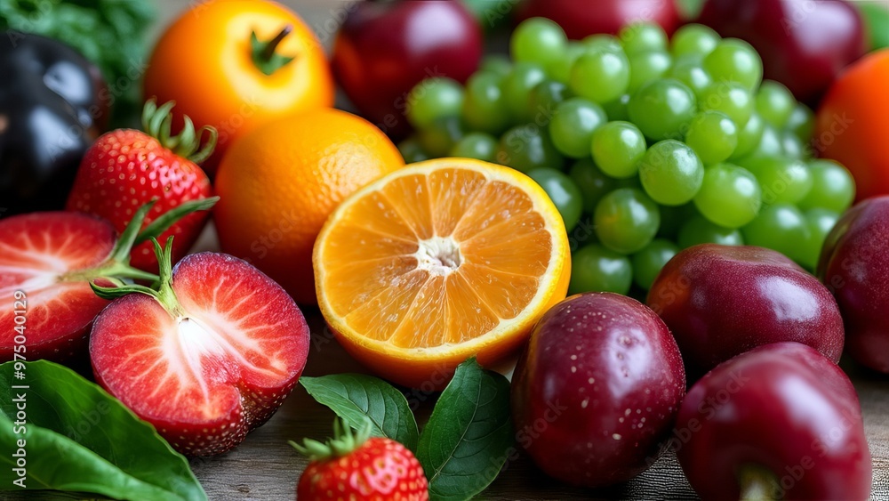 Vibrant Fresh Fruits Display with Strawberries and Oranges