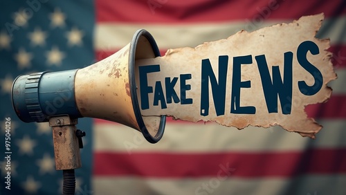 Megaphone Announcing Fake News Against American Flag