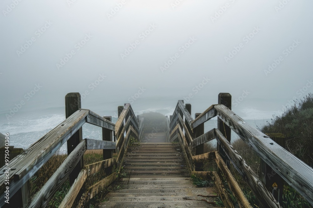 Fototapeta premium Old wooden staircase is leading to a foggy and mysterious beach on a gray overcast day