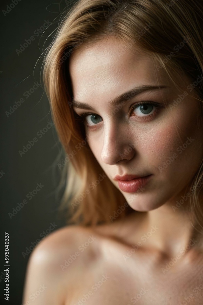 Close-up of topless woman with intense expression and side lighting. Close-up of topless woman with intense expression and side lighting.