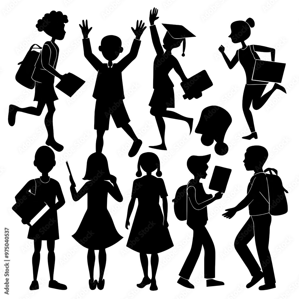 Obraz premium A collection of black silhouettes of students actively participating in diverse academic activities illustrating the vibrancy of school life and youth