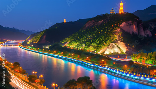 Yanan Baota District's night view, the splendid scenery of Yanhe Road and Dongguan Street photo