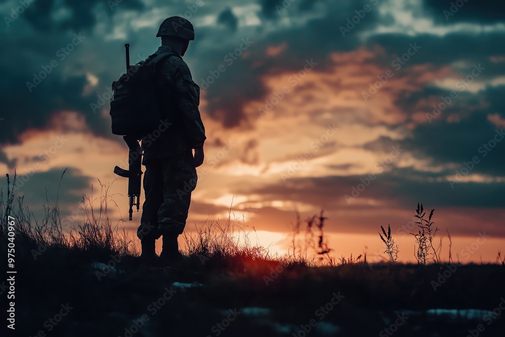 A soldier standing watch at sunset, silhouetted against a vibrant sky filled with clouds in a peaceful landscape A soldier standing watch at sunset, silhouetted against a vibrant sky filled with clouds in a peaceful landscape