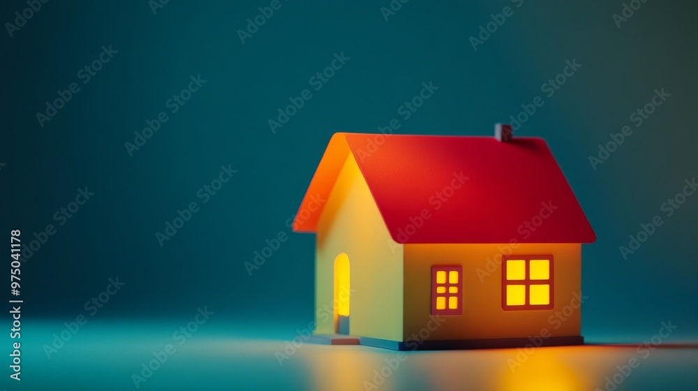 Miniature house with red roof and glowing windows on blue background, cozy home concept Miniature house with red roof and glowing windows on blue background, cozy home concept