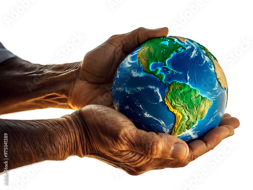 Obraz na płótnie Old wrinkled hands holding planet earth, globe on the palm, eco environment, global connection, background, isolated on transparent background w salonie