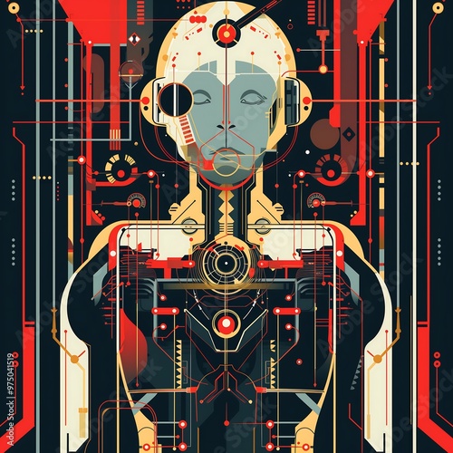 Abstract Cyborg Portrait with Geometric Patterns and Bright Colors photo