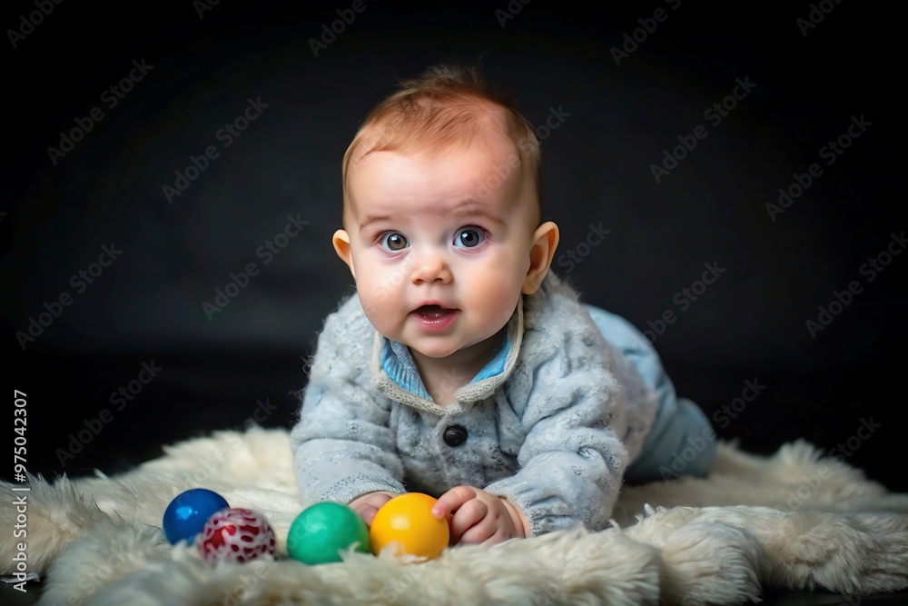Curious baby boy playing with colorful balls on a fluffy rug Curious baby boy playing with colorful balls on a fluffy rug
