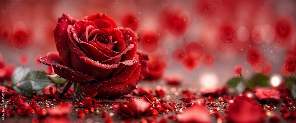 A red rose is the main focus of the image, with a bokeh background and a few red petals scattered around it. Concept of romance and love. A red rose is the main focus of the image, with a bokeh background and a few red petals scattered around it. Concept of romance and love.