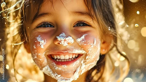 A young Hispanic girl smiles widely with cake frosting smeared on her face. The picture is taken outdoors on a sunny day, capturing her joyful expression and the playful mood.