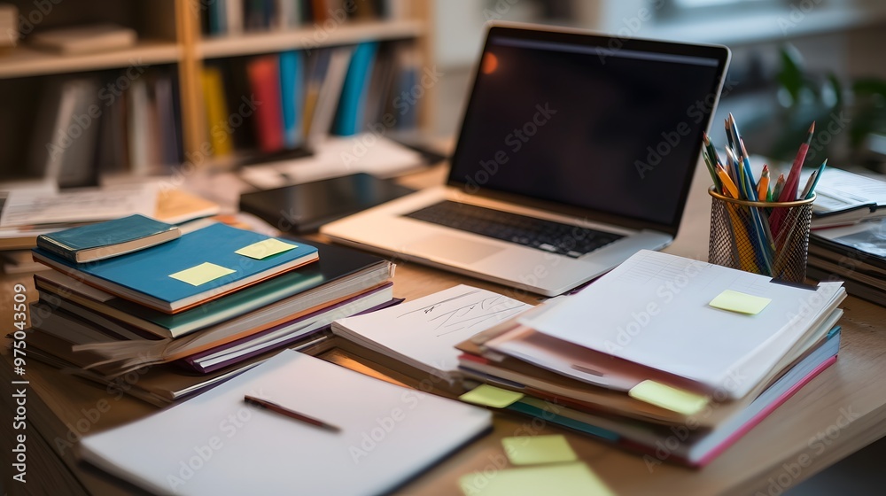 A Desk Covered in Books, Papers, and Pens Ready for Studying A Desk Covered in Books, Papers, and Pens Ready for Studying