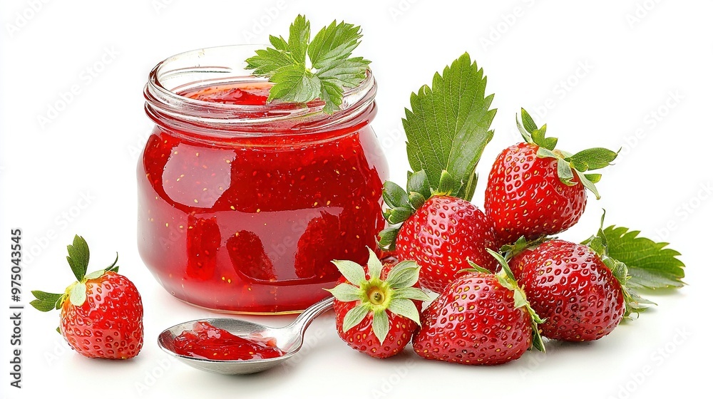 A strawberry jam jar with a spoon adjacent and strawberries in front A strawberry jam jar with a spoon adjacent and strawberries in front