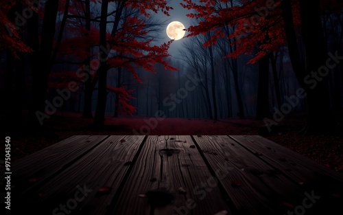 A dark and mysterious forest with red leaves and a full moon, perfect for Halloween or fantasy designs. 
