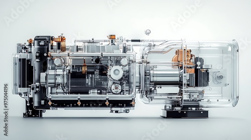 A clear, detailed image of an industrial integrated generator on a minimalist white background. Every mechanical part is highlighted in 8K resolution