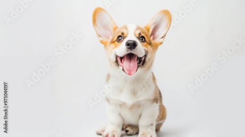 happy corgi puppy sitting upright on a white background 