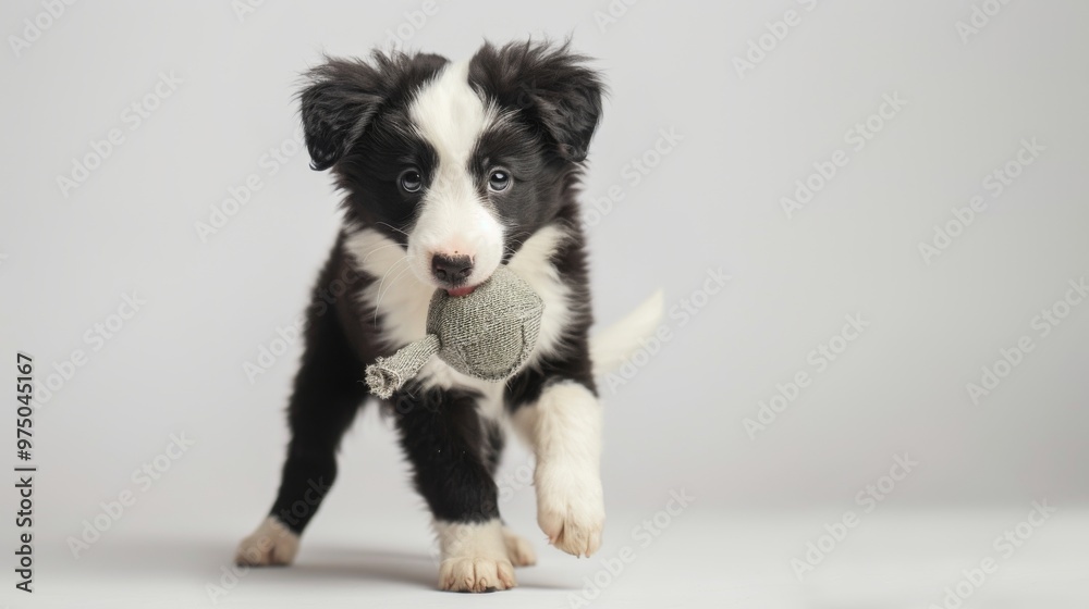 border collie puppy playfully holding a small toy in its mouth border collie puppy playfully holding a small toy in its mouth