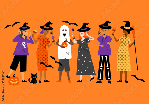 Halloween party background, people in Halloween costumes. Halloween , group of teens in Halloween costume