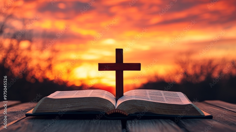 open bible with wooden cross against a vibrant sunset sky. spirituality and faith concept open bible with wooden cross against a vibrant sunset sky. spirituality and faith concept