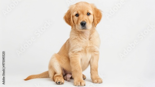 a fluffy golden retriever puppy sitting upright 