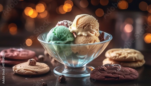 scoops of ice cream in a glass bowl on the table
