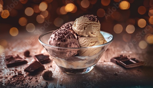 scoops of chocolate ice cream in a glass plate on the table
