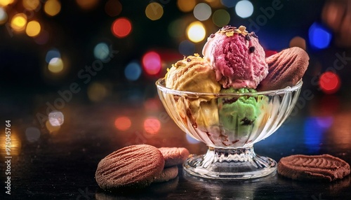 scoops of multi-colored ice cream in a glass plate on the table
