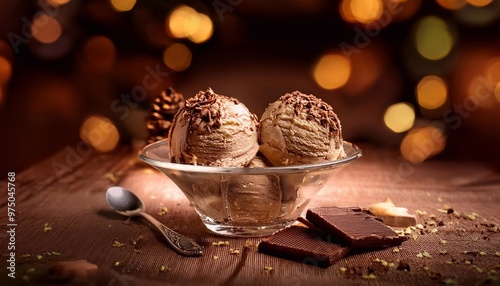 scoops of chocolate ice cream in a glass plate on the table

