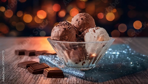 scoops of chocolate ice cream in a glass plate on the table

