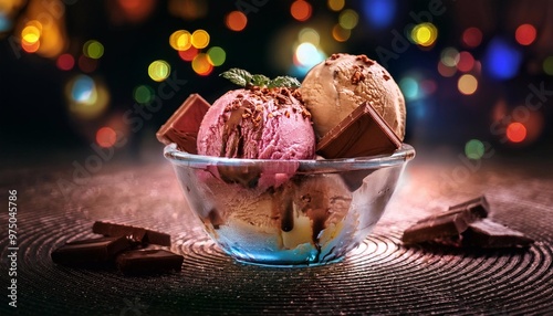 scoops of ice cream in a glass bowl on the table
