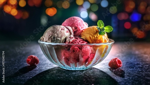 scoops of multi-colored ice cream in a glass plate on the table
