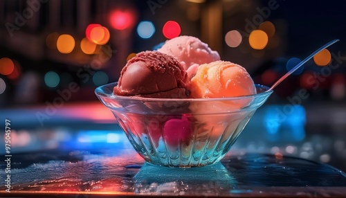 scoops of multi-colored ice cream in a glass plate on the table

