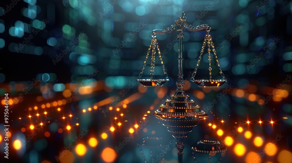 Law scales on background of data center. Digital law concept of duality ...