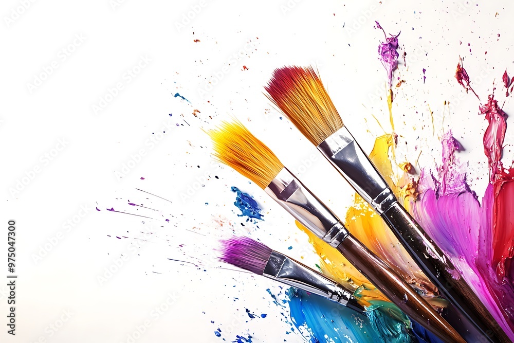 Fototapeta premium Close-up of a watercolor brush and paint set on a canvas, showcasing the artist's tools for creative expression