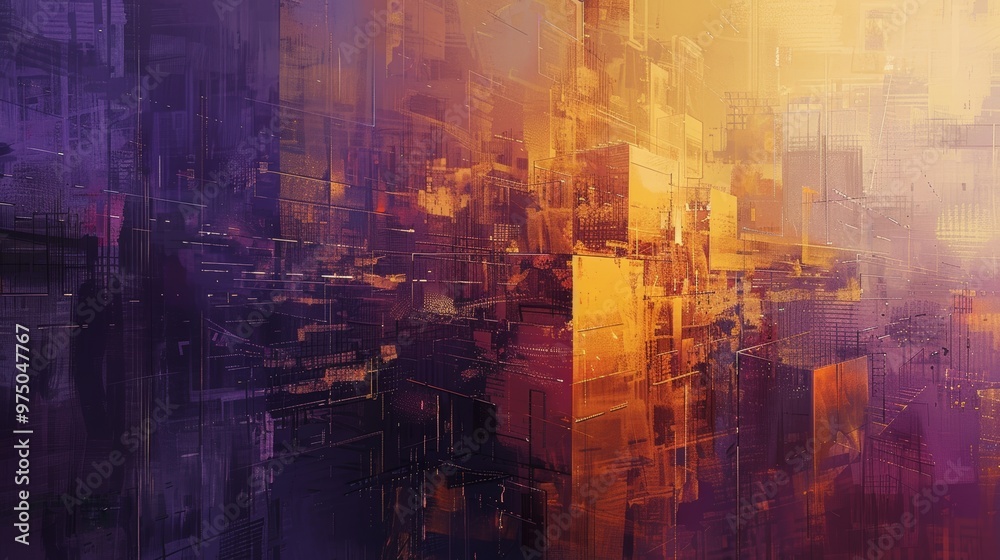 Obraz premium Digital Cityscape in Purple and Orange Hues