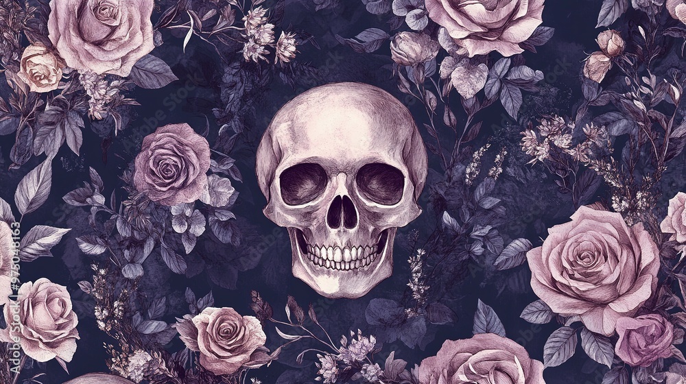 A Human Skull Surrounded by Delicate Pink Roses and Leaves A Human Skull Surrounded by Delicate Pink Roses and Leaves