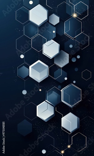 Abstract graphic featuring interconnected white hexagons on a dark blue background with glowing, futuristic elements