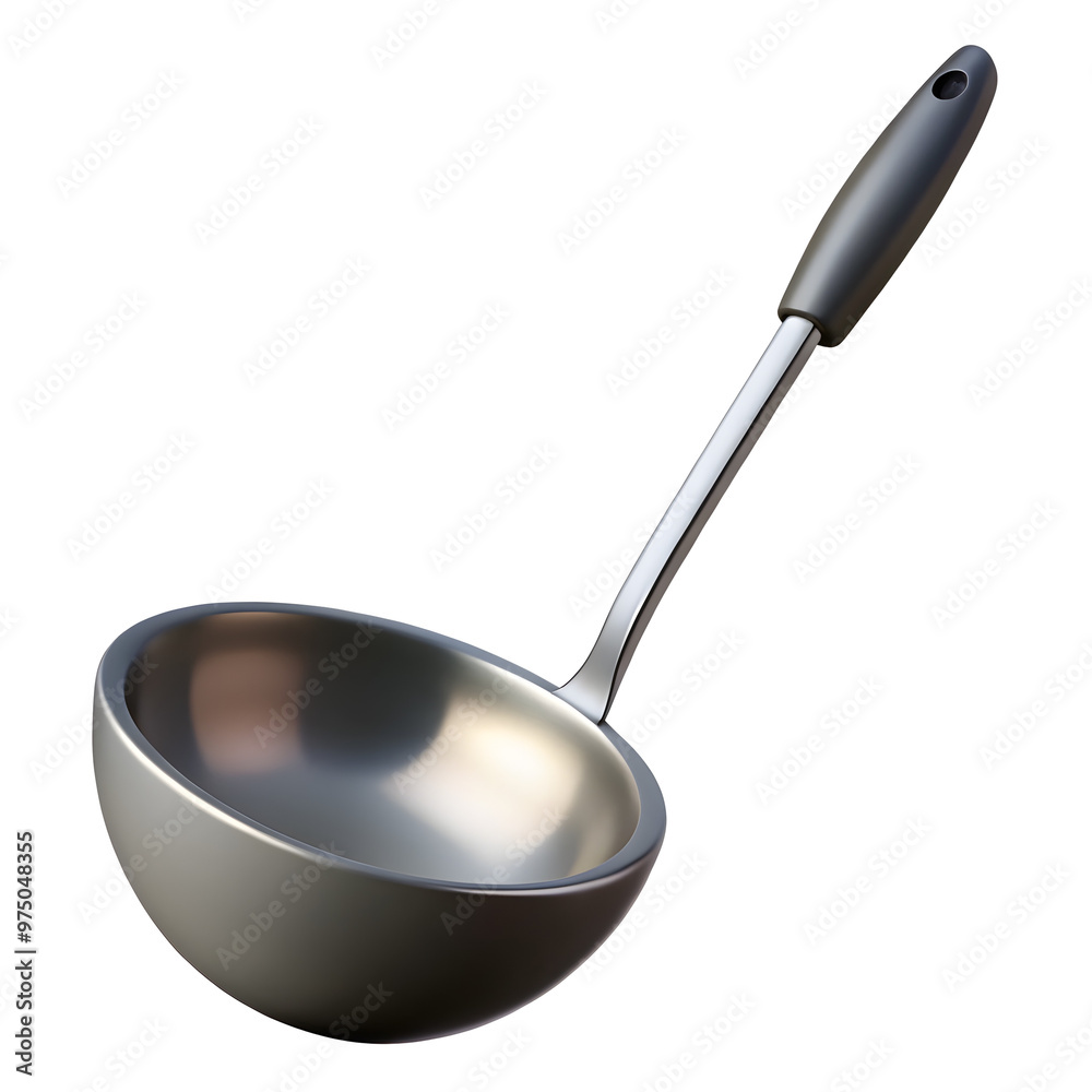 A shiny, silver ladle with a black handle, isolated on a transparent or white background. A shiny, silver ladle with a black handle, isolated on a transparent or white background.