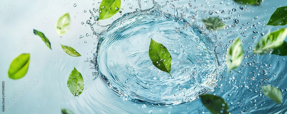 Refreshing splash of water creating a circular motion with green leaves suspended in mid-air, symbolizing freshness and vitality Refreshing splash of water creating a circular motion with green leaves suspended in mid-air, symbolizing freshness and vitality