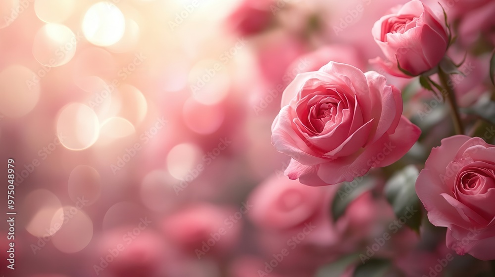 Delicate pink roses bloom in soft focus, creating a romantic and dreamy atmosphere with warm bokeh background. Delicate pink roses bloom in soft focus, creating a romantic and dreamy atmosphere with warm bokeh background.