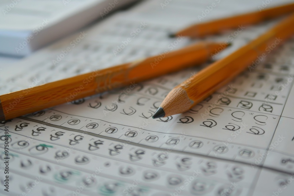 Three wooden pencils are lying on an answer sheet for an exam or test, suggesting a concept of education, assessment, or evaluation Three wooden pencils are lying on an answer sheet for an exam or test, suggesting a concept of education, assessment, or evaluation
