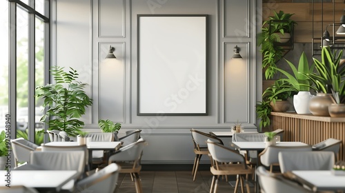 Modern cafe interior mockup with large blank poster on wall, perfect for your design