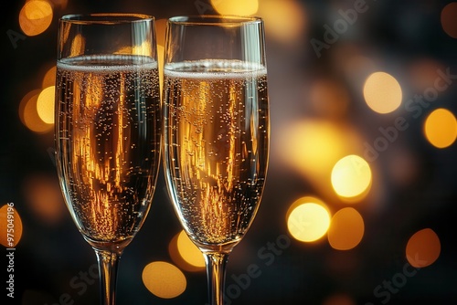 Two elegant champagne flutes filled with sparkling bubbles, set against a blurred golden background, perfect for celebrations.