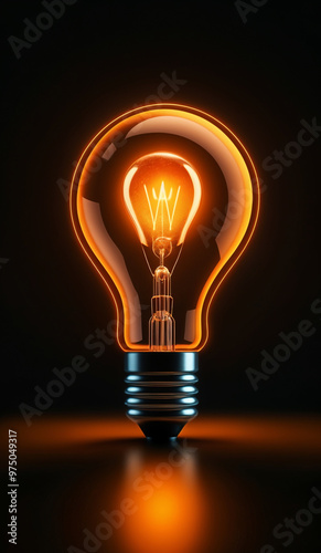 Orange holographic glowing lightbulb with copy space.