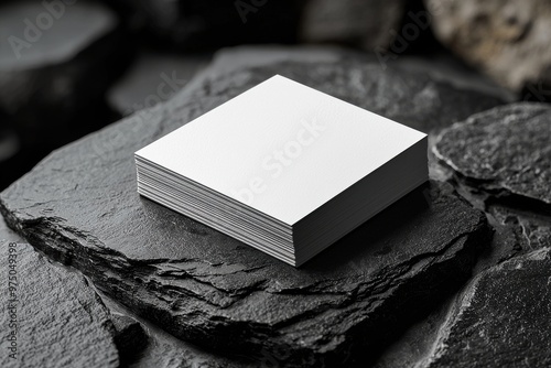 Minimalist stack of blank business cards with black and white color scheme on slate stones photo