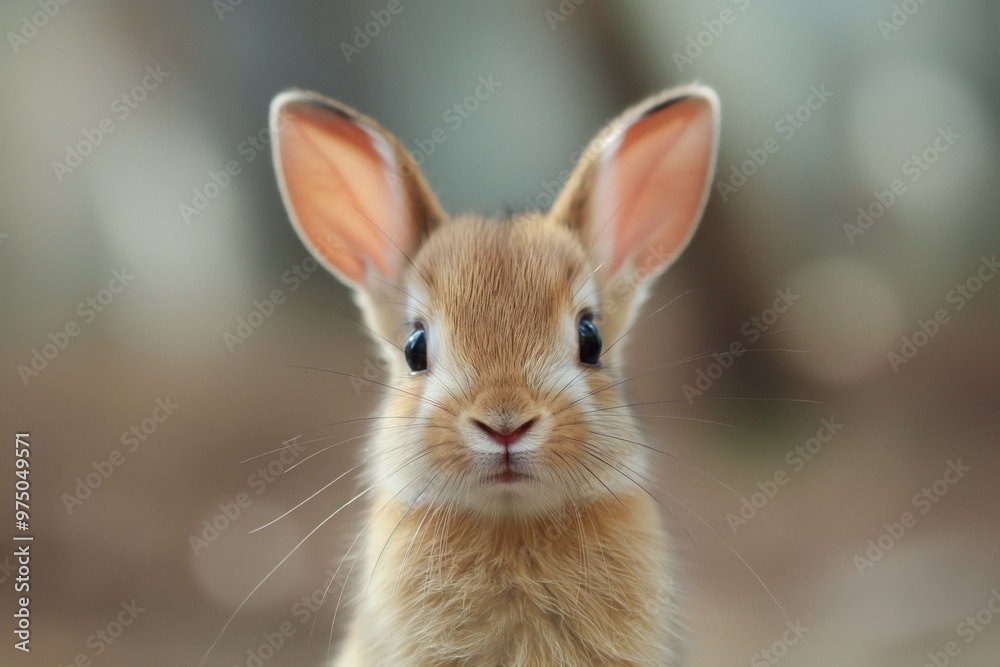 Obraz premium Close-up of an adorable brown rabbit with large ears and whiskers, gazing into the camera in a natural setting.