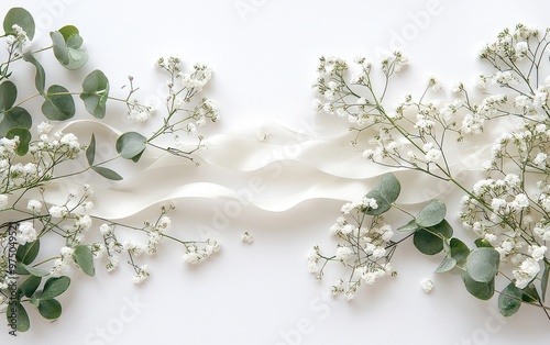 Elegant white wedding table backdrop with delicate baby's breath flowers and eucalyptus leaves photo