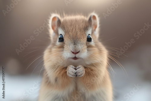 A close-up of an adorable chipmunk with fluffy fur, big dark eyes, and tiny paws, captured in soft natural light.