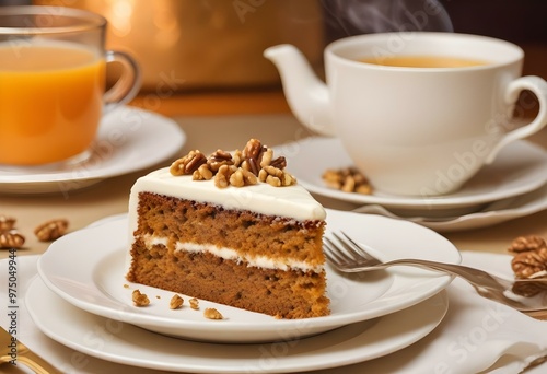 A slice of moist carrot cake with cream cheese frosting, topped with chopped walnuts, served on a white plate