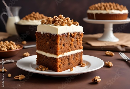 Wallpaper Mural A slice of moist carrot cake with cream cheese frosting, topped with chopped walnuts, served on a white plate Torontodigital.ca