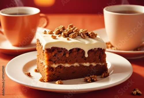 A slice of moist carrot cake with cream cheese frosting, topped with chopped walnuts, served on a white plate
