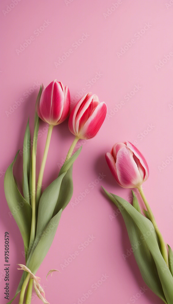 Fototapeta premium Happy Womens Day greeting card with tulips on pink background vertical
